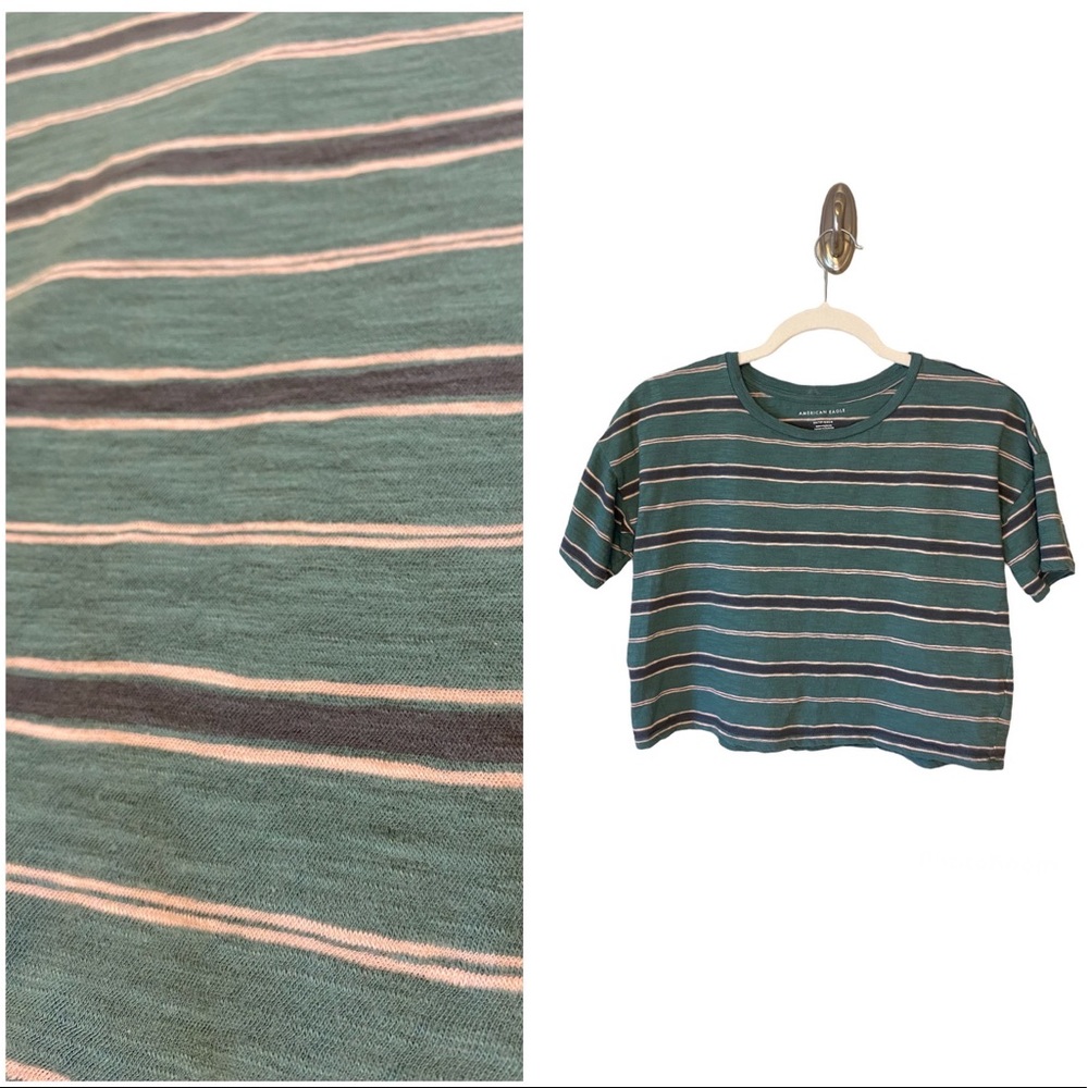 American Eagle oversized crop striped short sleeve t-shirt green pink white